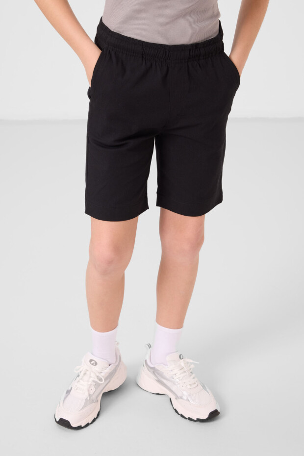 Siyah Pamuklu Oversize Fit Dokuma Hafif Esnek Chino Erkek Çocuk Şort Takım - 11278 - 2
