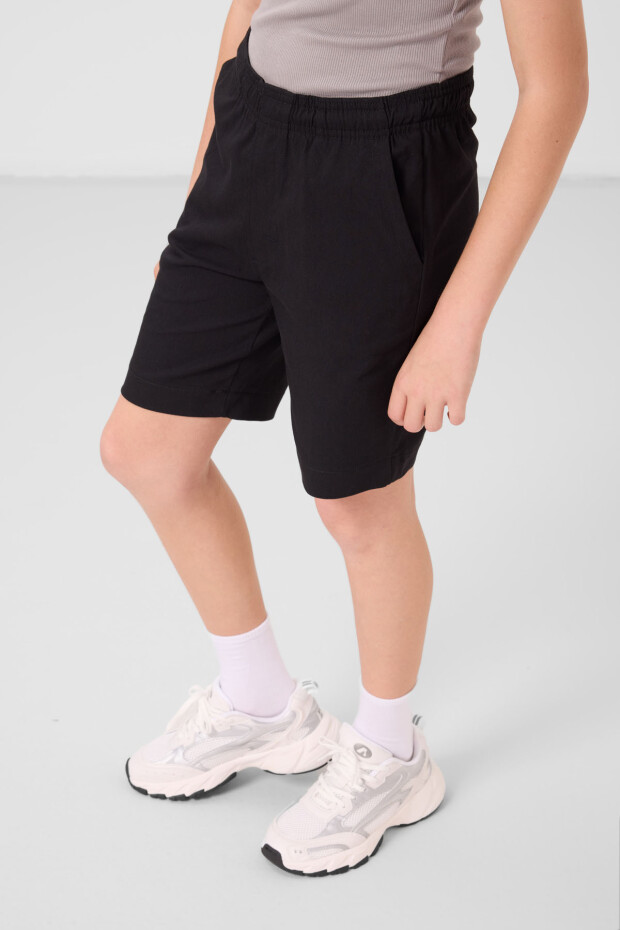 Siyah Pamuklu Oversize Fit Dokuma Hafif Esnek Chino Erkek Çocuk Şort Takım - 11278 - 4