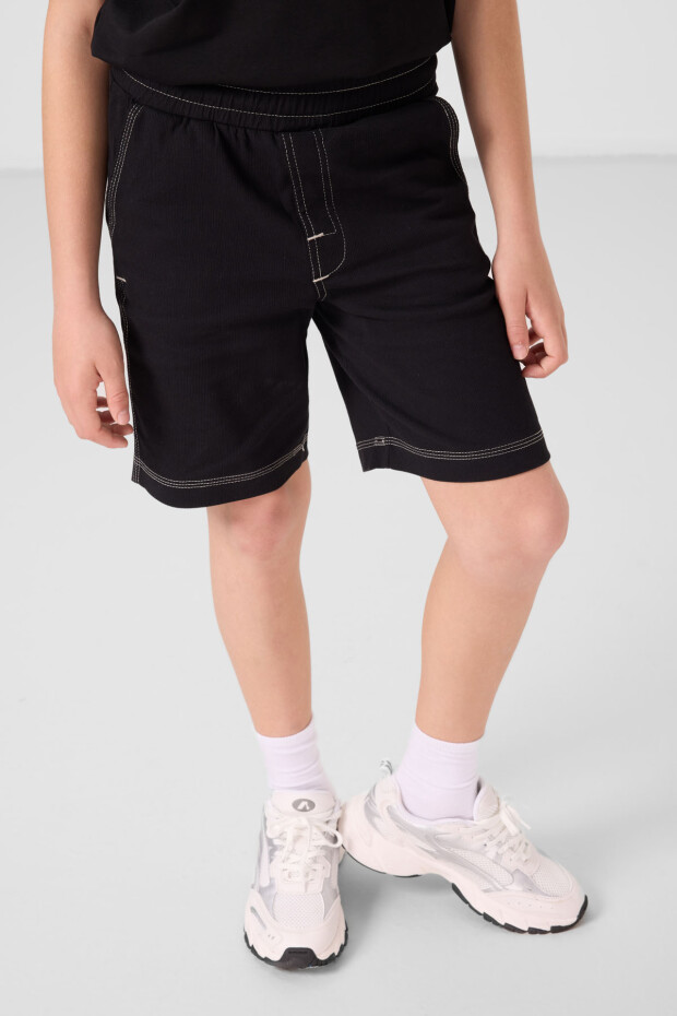 Siyah Pamuklu Oversize Fit Dokuma Hafif Esnek Chino Erkek Çocuk Şort Takım - 11279 - 2