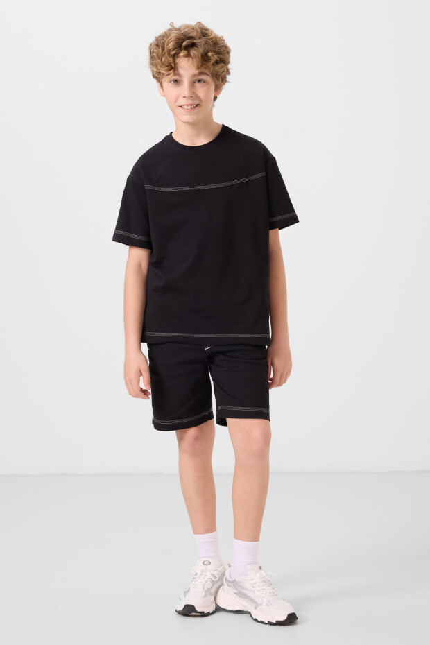 Siyah Pamuklu Oversize Fit Dokuma Hafif Esnek Chino Erkek Çocuk Şort Takım - 11279 - 1