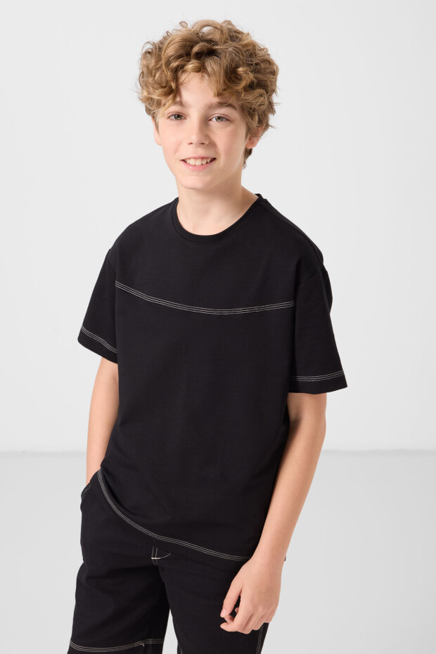 Siyah Pamuklu Oversize Fit Dokuma Hafif Esnek Chino Erkek Çocuk Şort Takım - 11279 - 3