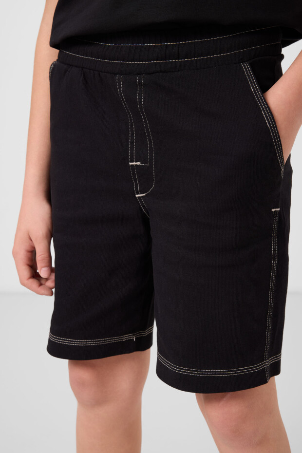 Siyah Pamuklu Oversize Fit Dokuma Hafif Esnek Chino Erkek Çocuk Şort Takım - 11279 - 4