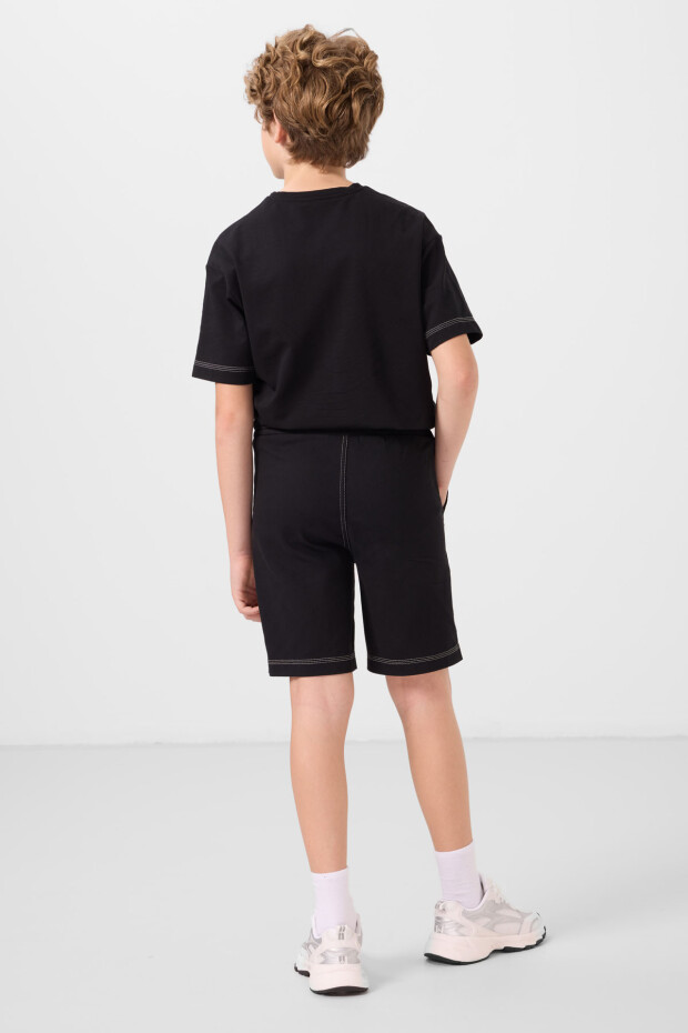 Siyah Pamuklu Oversize Fit Dokuma Hafif Esnek Chino Erkek Çocuk Şort Takım - 11279 - 7