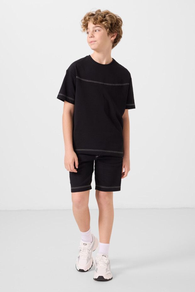 Siyah Pamuklu Oversize Fit Dokuma Hafif Esnek Chino Erkek Çocuk Şort Takım - 11279 - 5