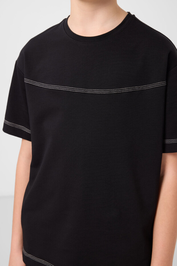 Siyah Pamuklu Oversize Fit Dokuma Hafif Esnek Chino Erkek Çocuk Şort Takım - 11279 - 6