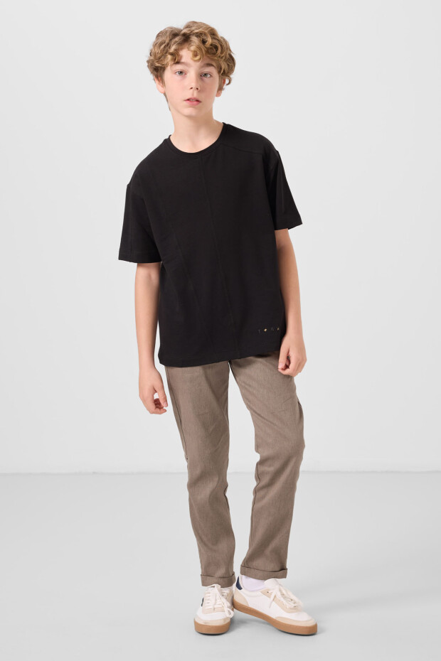 Siyah Pamuklu Yumuşak Dokulu Oversize Basic Erkek Çocuk T-Shirt - 11297 - 2