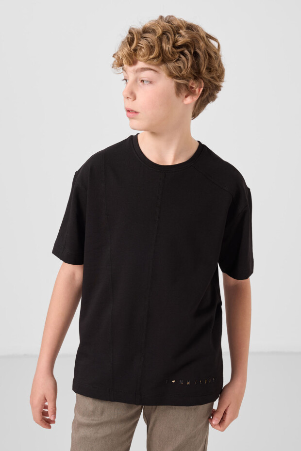 Siyah Pamuklu Yumuşak Dokulu Oversize Basic Erkek Çocuk T-Shirt - 11297 - 3