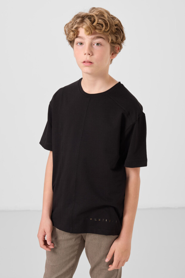 Siyah Pamuklu Yumuşak Dokulu Oversize Basic Erkek Çocuk T-Shirt - 11297 - 1