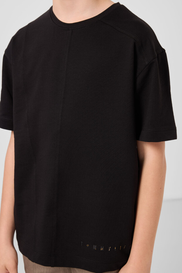 Siyah Pamuklu Yumuşak Dokulu Oversize Basic Erkek Çocuk T-Shirt - 11297 - 4