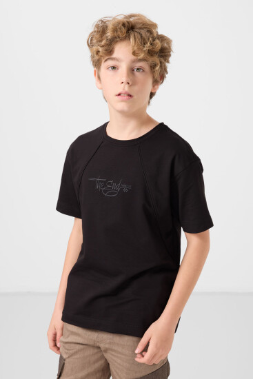 Siyah Pamuklu Yumuşak Dokulu Oversize Baskılı Erkek Çocuk T-Shirt - 11285 