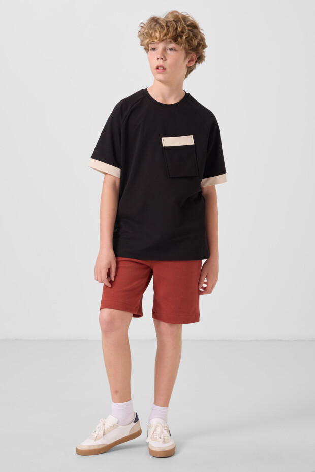 Siyah Pamuklu Yumuşak Dokulu Oversize Cep Detaylı Erkek Çocuk T-Shirt - 11295 - 2
