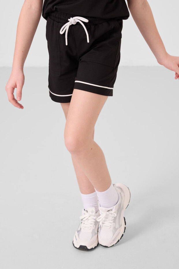 Siyah Pamuklu Yumuşak Dokulu Standart Fit Basic Kız Çocuk Şort Takım - 75183 - 2
