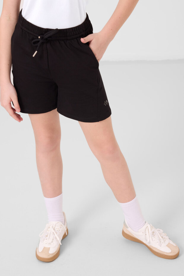Siyah Pamuklu Yumuşak Dokulu Standart Fit Basic Kız Çocuk Şort Takım - 75184 - 2