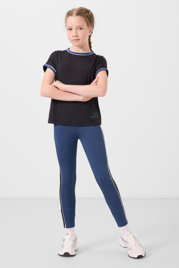 Siyah-Parlament O Yaka Yan Şerit Detaylı Standart Fit Performans Kız Çocuk Tayt Takım - 75191 - 1