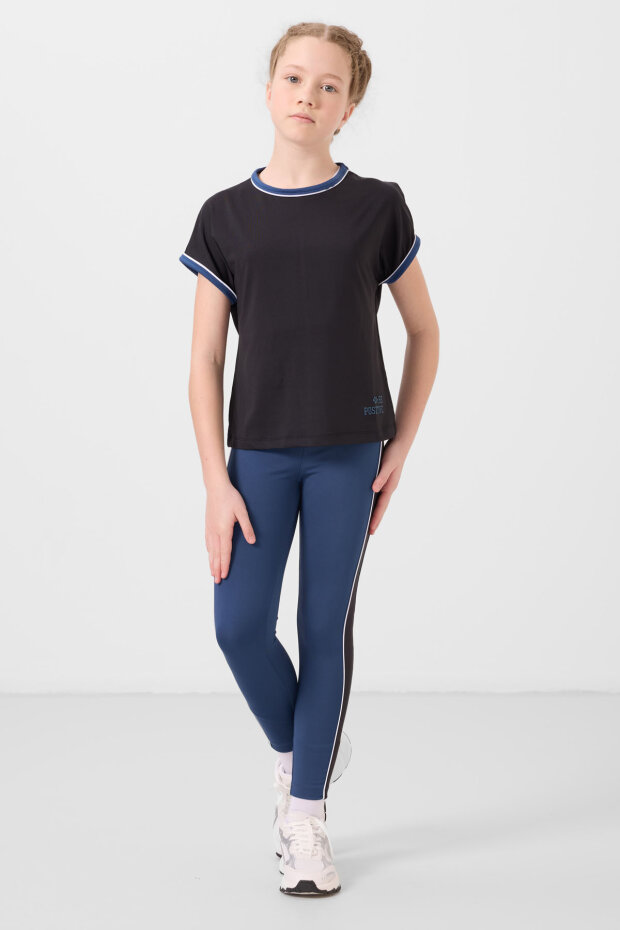 Siyah-Parlament O Yaka Yan Şerit Detaylı Standart Fit Performans Kız Çocuk Tayt Takım - 75191 - 3