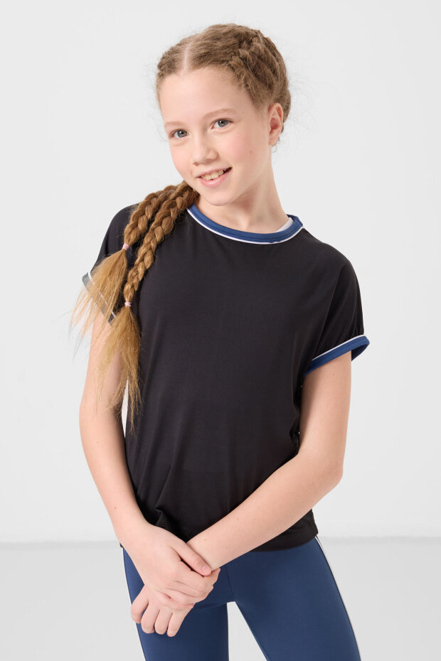 Siyah-Parlament O Yaka Yan Şerit Detaylı Standart Fit Performans Kız Çocuk Tayt Takım - 75191 - 5