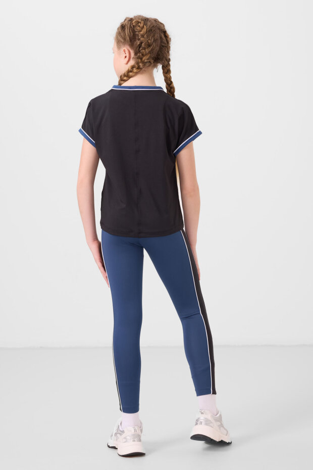 Siyah-Parlament O Yaka Yan Şerit Detaylı Standart Fit Performans Kız Çocuk Tayt Takım - 75191 - 7