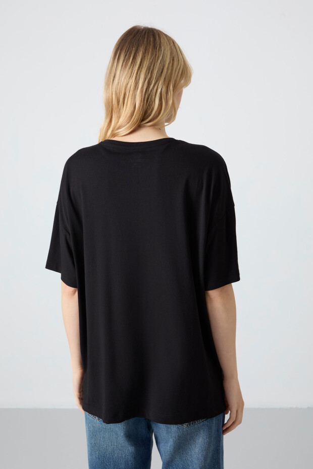 Siyah Penye Modal Yumuşak Tuşeli Oversize Fit Basic Kadın T-Shirt- 97285 - 6