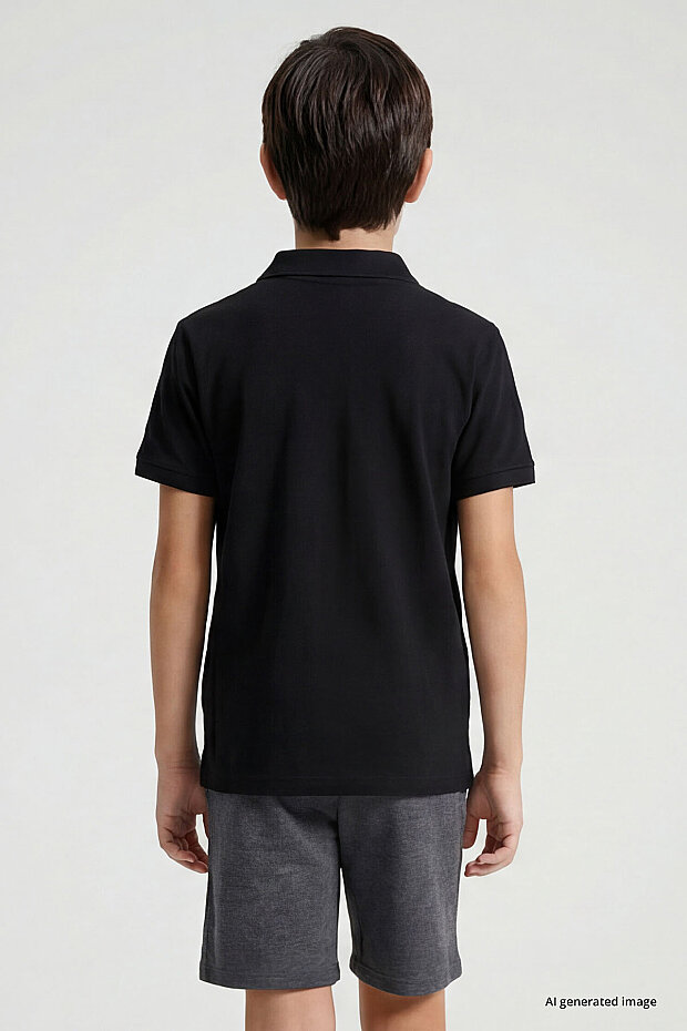 Siyah Polo Yaka Standart Fit Basic Unisex Çocuk T-Shirt - 11330 - 8