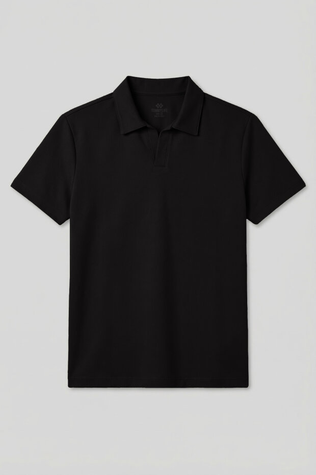 Siyah Rahat Form Yumuşak Dokulu Polo Yaka Erkek T-Shirt - 88496 - 2