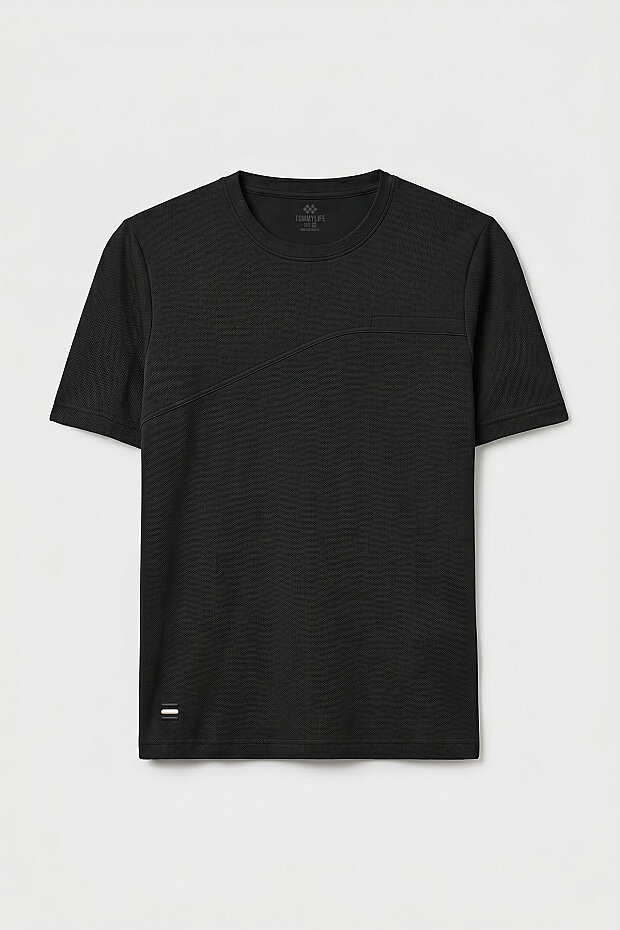 Siyah Rahat Form Yüzeyi Dokulu Ön Dikiş Detaylı Erkek T-Shirt - 88437 - 1