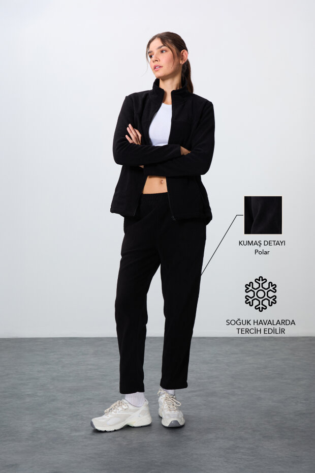 Siyah Kalın Yumuşak Dokulu Dik Yaka Oversize Nakışlı Polar Kadın Eşofman Takım -95339 - 1