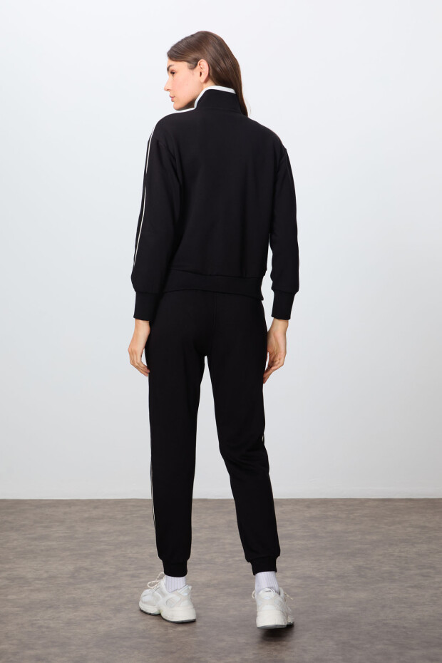 Siyah Kompakt Pamuklu Kalın Pürüzsüz Dokulu Dik Yaka Oversize Fit Kadın Eşofman Takım - 95340 - 7