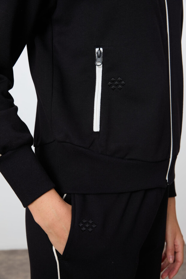 Siyah Kompakt Pamuklu Kalın Pürüzsüz Dokulu Dik Yaka Oversize Fit Kadın Eşofman Takım - 95340 - 6