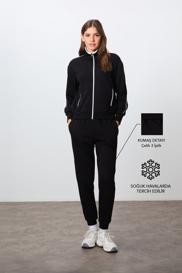 Siyah Kompakt Pamuklu Kalın Pürüzsüz Dokulu Dik Yaka Oversize Fit Kadın Eşofman Takım - 95340 - 1