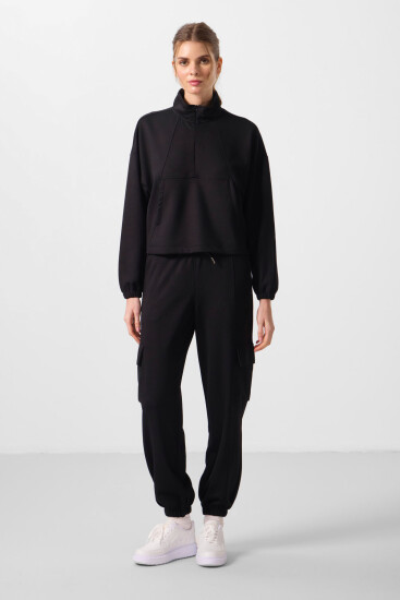 Siyah Yumuşak Dokulu Dik Yaka Gizli Fermuarlı Oversize Kadın Eşofman Takım - 95351 - TOMMYLIFE