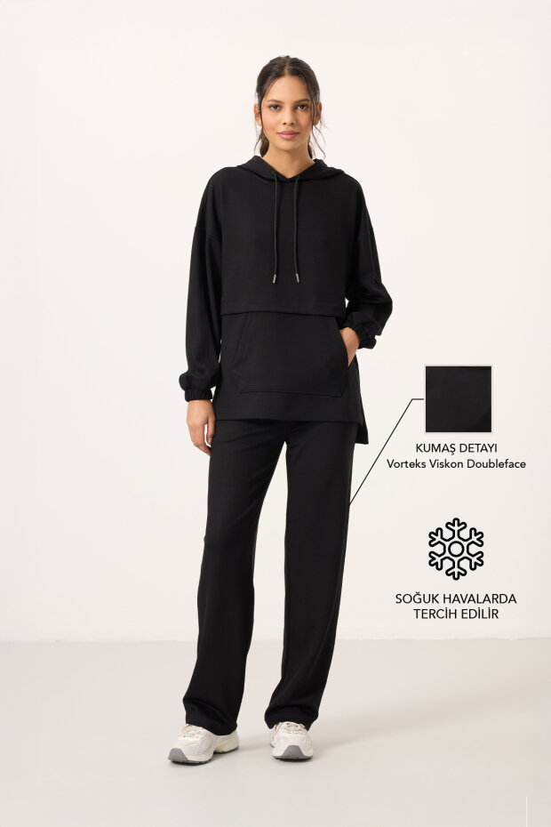 Siyah Yumuşak Dokulu Kapüşonlu Oversize Kadın Eşofman Tunik Takım - 95348 - 1