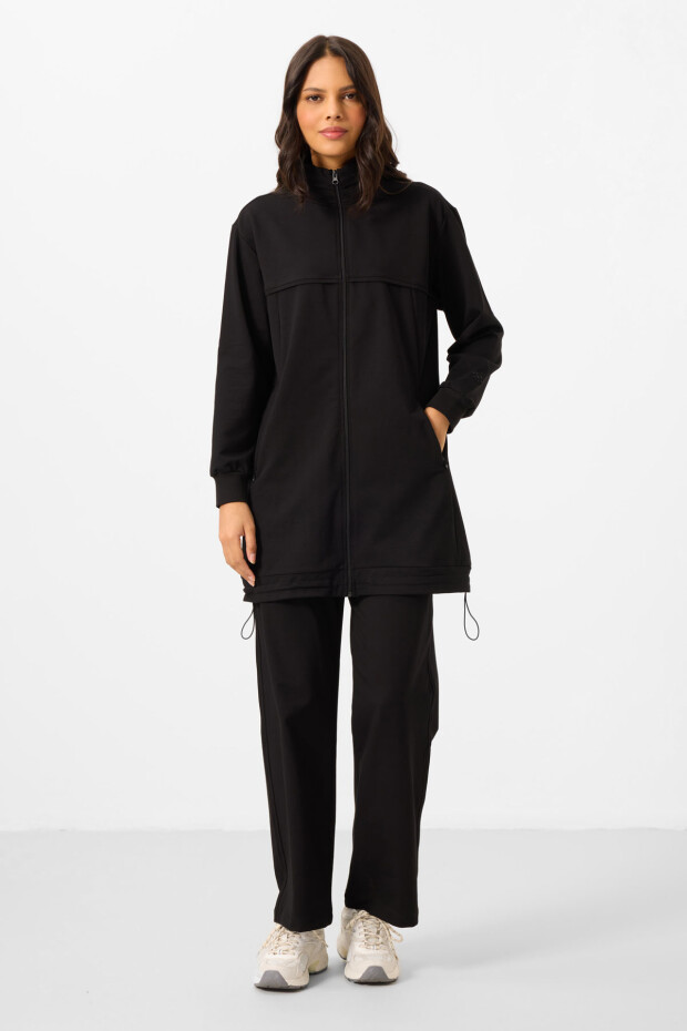 Siyah Dik Yaka Fermuarlı Pamuklu Kadın Eşofman Tunik Takım - 95346 - 3