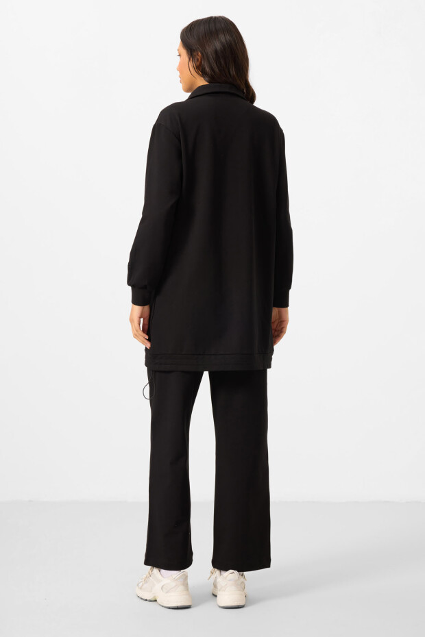 Siyah Dik Yaka Fermuarlı Pamuklu Kadın Eşofman Tunik Takım - 95346 - 7