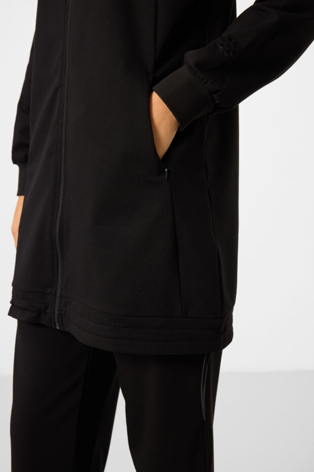 Siyah Dik Yaka Fermuarlı Pamuklu Kadın Eşofman Tunik Takım - 95346 - 4