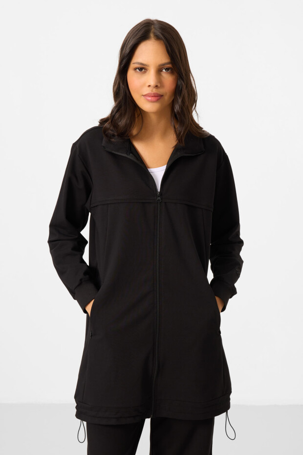 Siyah Dik Yaka Fermuarlı Pamuklu Kadın Eşofman Tunik Takım - 95346 - 5