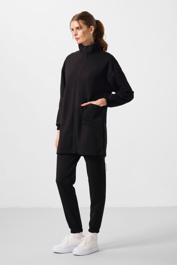 Siyah Dik Yaka Fermuarlı Rahat Form Kadın Eşofman Tunik Takım - 95345 - 5