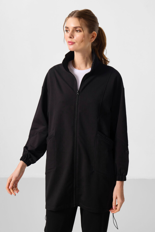 Siyah Dik Yaka Fermuarlı Rahat Form Kadın Eşofman Tunik Takım - 95345 - 3