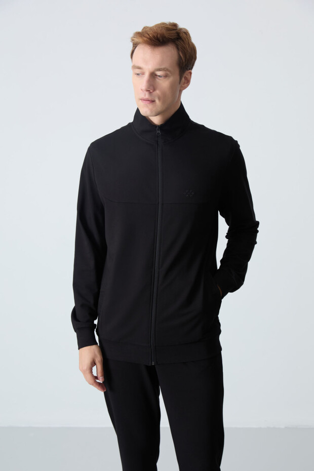 Siyah Pamuklu Kalın Yumuşak Dokulu Comfort Fit Basic Erkek Eşofman Takım - 85260 - 3