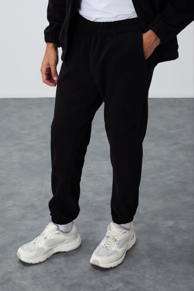 Siyah Kalın Yumuşak Dokulu Comfort Fit Nakışlı Erkek Eşofman Takım - 85269 - 6