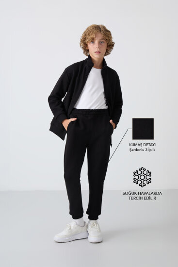 Siyah Pamuklu Kalın İçi Tüylü Yumuşak Dokulu Standart Fit Nakışlı Erkek Çocuk Eşofman Takım - 11240 