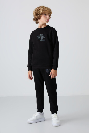 Siyah Pamuklu Kalın İçi Tüylü Yumuşak Dokulu Standart Fit Baskılı Erkek Çocuk Eşofman Takım - 11253 - TOMMYLIFE