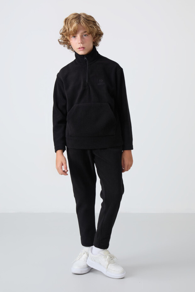 Siyah Kalın Yumuşak Dokulu Standart Fit Nakışlı Polar Erkek Çocuk Eşofman Takım - 11218 - 3