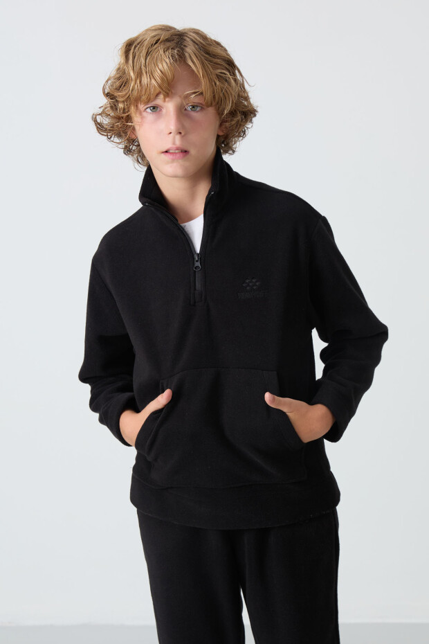 Siyah Kalın Yumuşak Dokulu Standart Fit Nakışlı Polar Erkek Çocuk Eşofman Takım - 11218 - 2