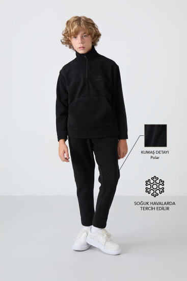 Siyah Kalın Yumuşak Dokulu Standart Fit Nakışlı Polar Erkek Çocuk Eşofman Takım - 11218 