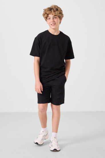 Siyah Pamuklu Oversize Fit Dokuma Hafif Esnek Chino Erkek Çocuk Şort Takım - 11276 - Thumbnail