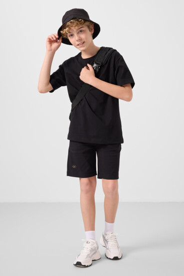 Siyah Pamuklu Oversize Fit Dokuma Hafif Esnek Chino Erkek Çocuk Şort Takım - 11277 - Thumbnail
