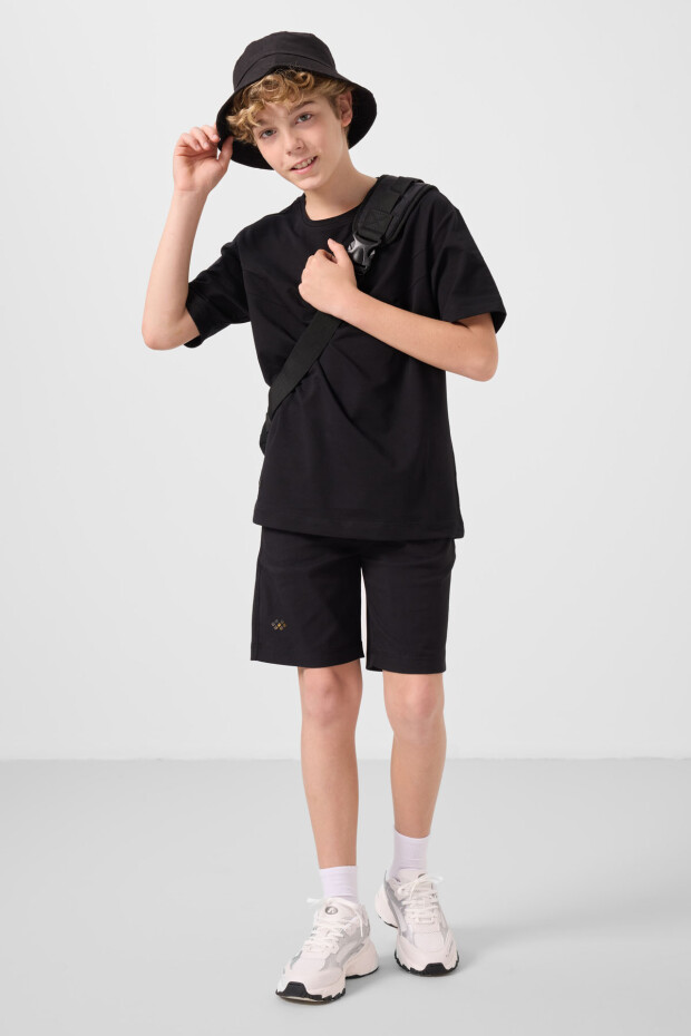 Siyah Pamuklu Oversize Fit Dokuma Hafif Esnek Chino Erkek Çocuk Şort Takım - 11277