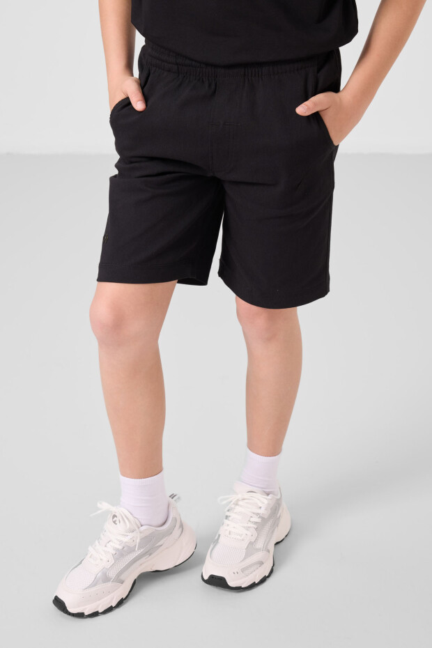 Siyah Pamuklu Oversize Fit Dokuma Hafif Esnek Chino Erkek Çocuk Şort Takım - 11277