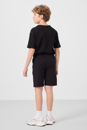 Siyah Pamuklu Oversize Fit Dokuma Hafif Esnek Chino Erkek Çocuk Şort Takım - 11277 - Thumbnail