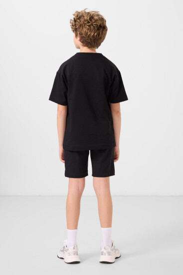 Siyah Pamuklu Oversize Fit Dokuma Hafif Esnek Chino Erkek Çocuk Şort Takım - 11278 - Thumbnail